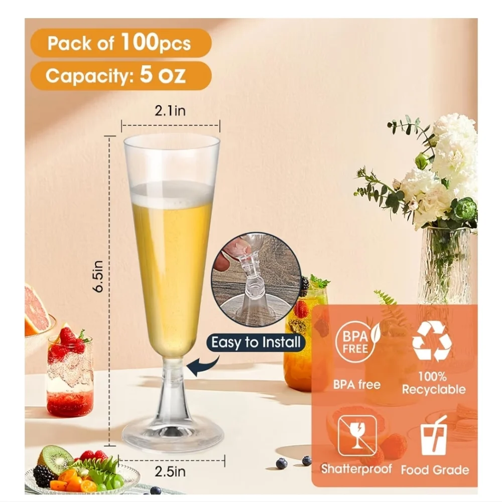 NWT 100 Clear Disposable Plastic Champagne Flutes